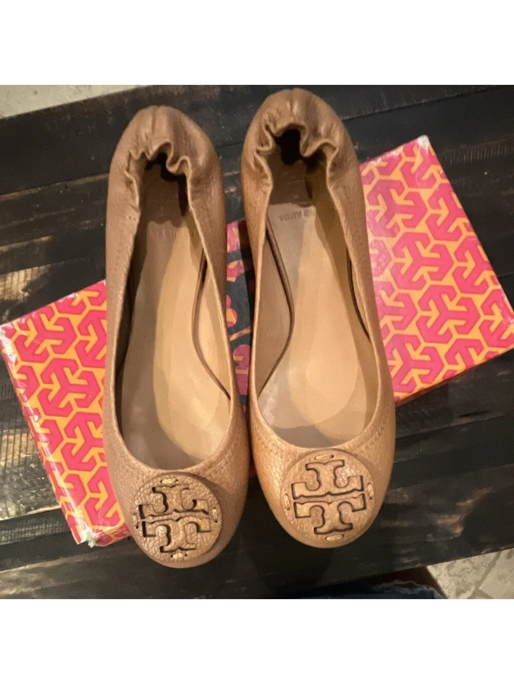 Tory Burch Brown Leather Logo Ballet Flats Comfort Slip On Women's US 7.5 M